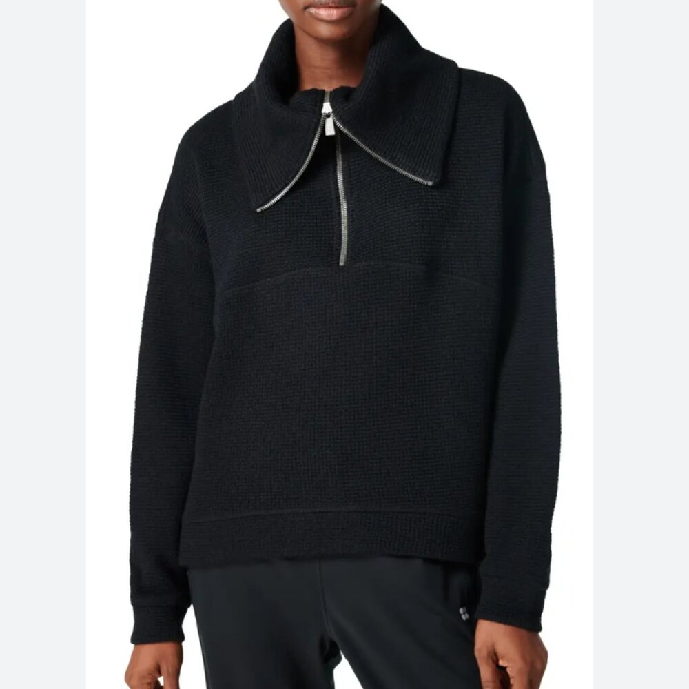 Sweaty Betty Restful Bouclé Half Zip Pullover Navy Sweater Sz XS Cowl Neck